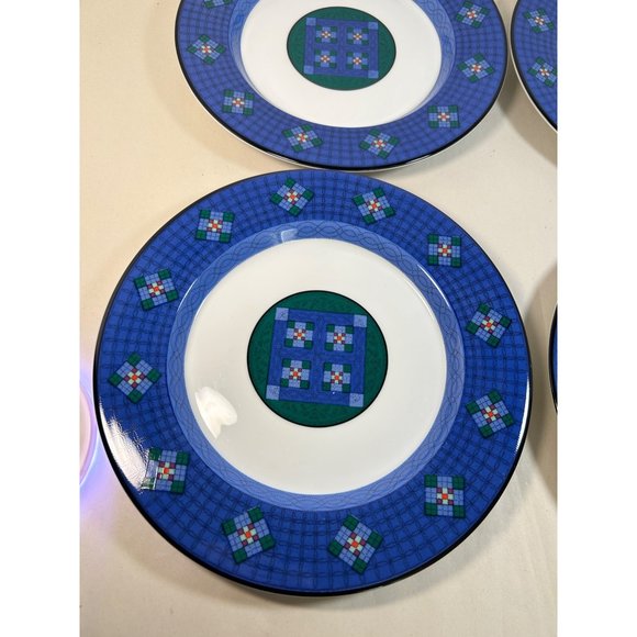 Dansk Nine Patch Accent Salad Lunch Plates Set of Four 9" Quilted Blue Green VTG - Picture 3 of 7
